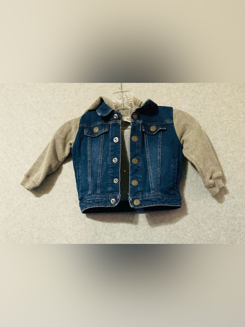 okie dokie Kids Denim Jacket with Gray Sleeve Hoodie Sz 2T